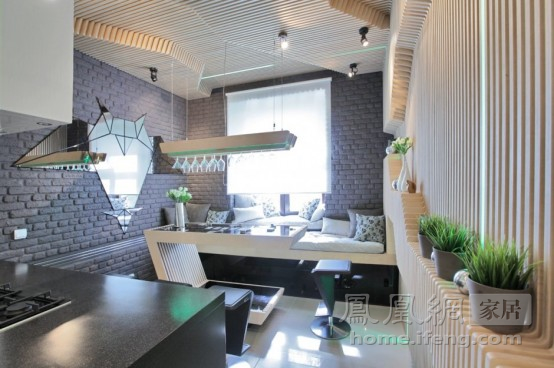 復古而科幻可變換燈光的未來廚房